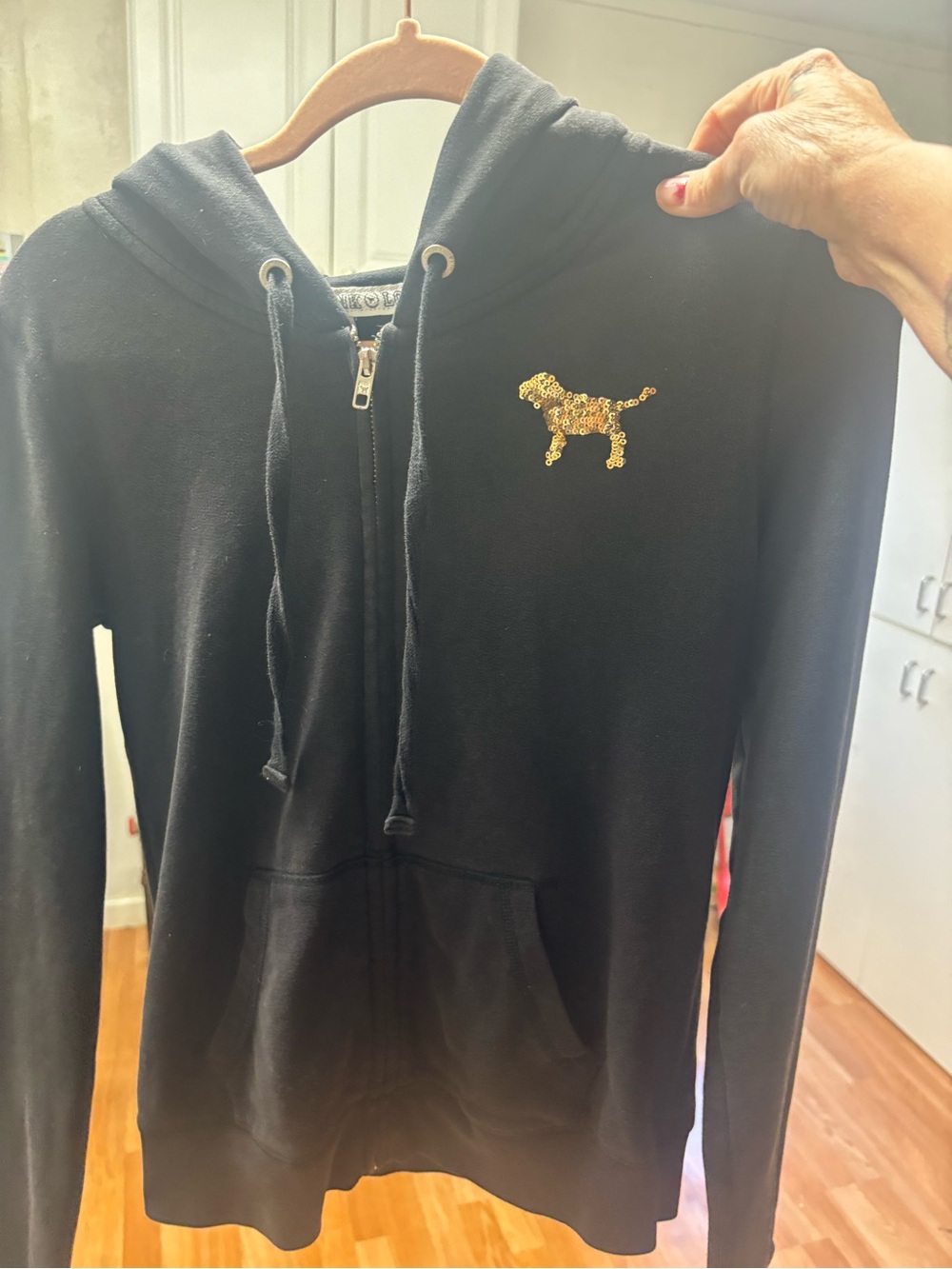 PINK Victoria's Secret Black Zip-Up Hoodie with Gold Sequin Dog